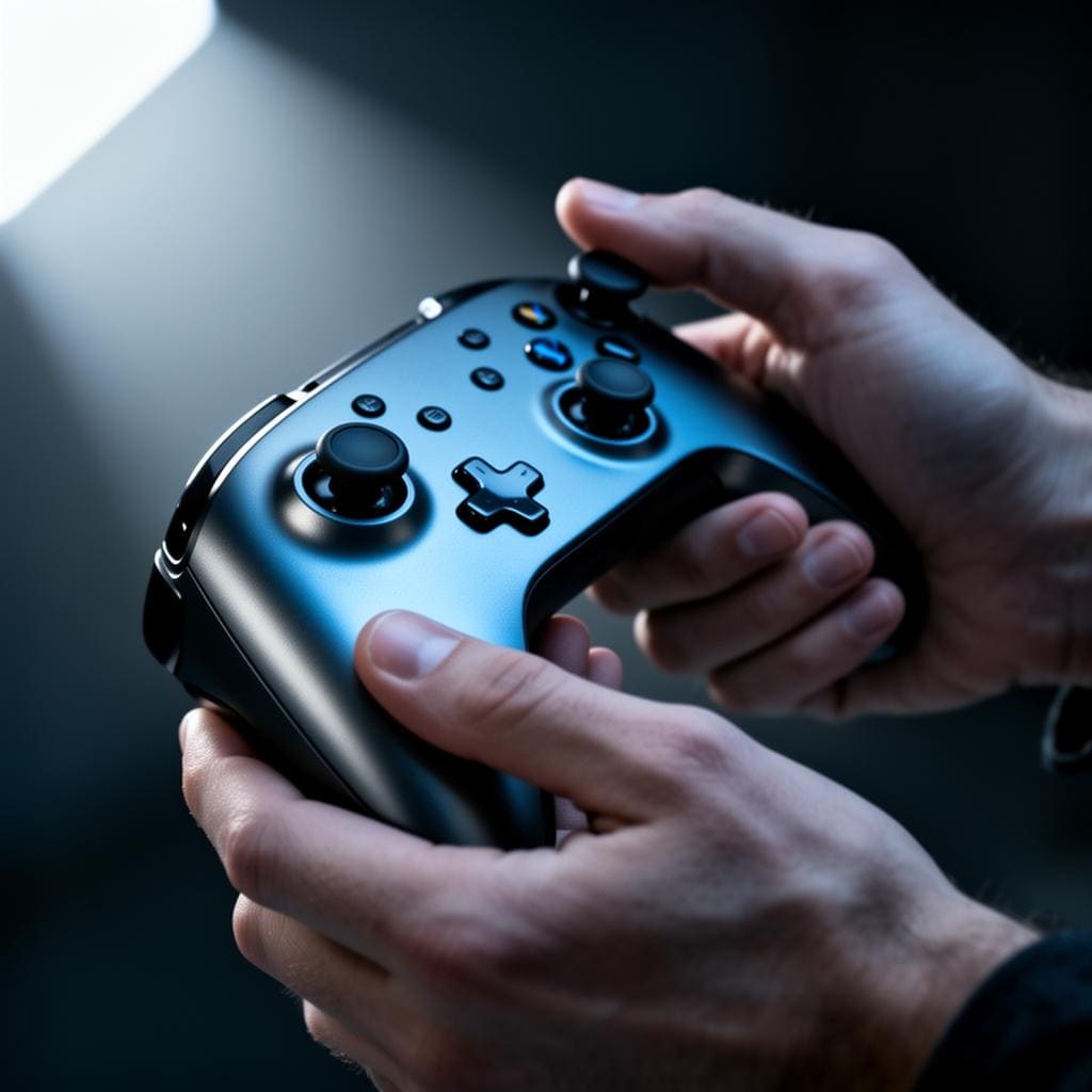 Hands holding a Quest 3 controller in low light.