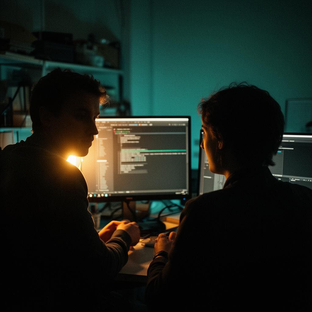 Two team members at a desk mid-conversation in the studio, low-light tungsten.