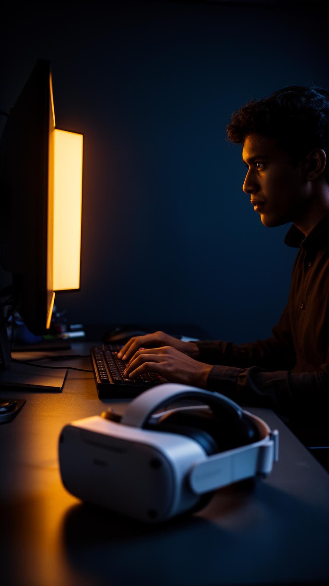 A designer at a monitor in the Boundless studio, warm rim light, a VR headset resting in the foreground.