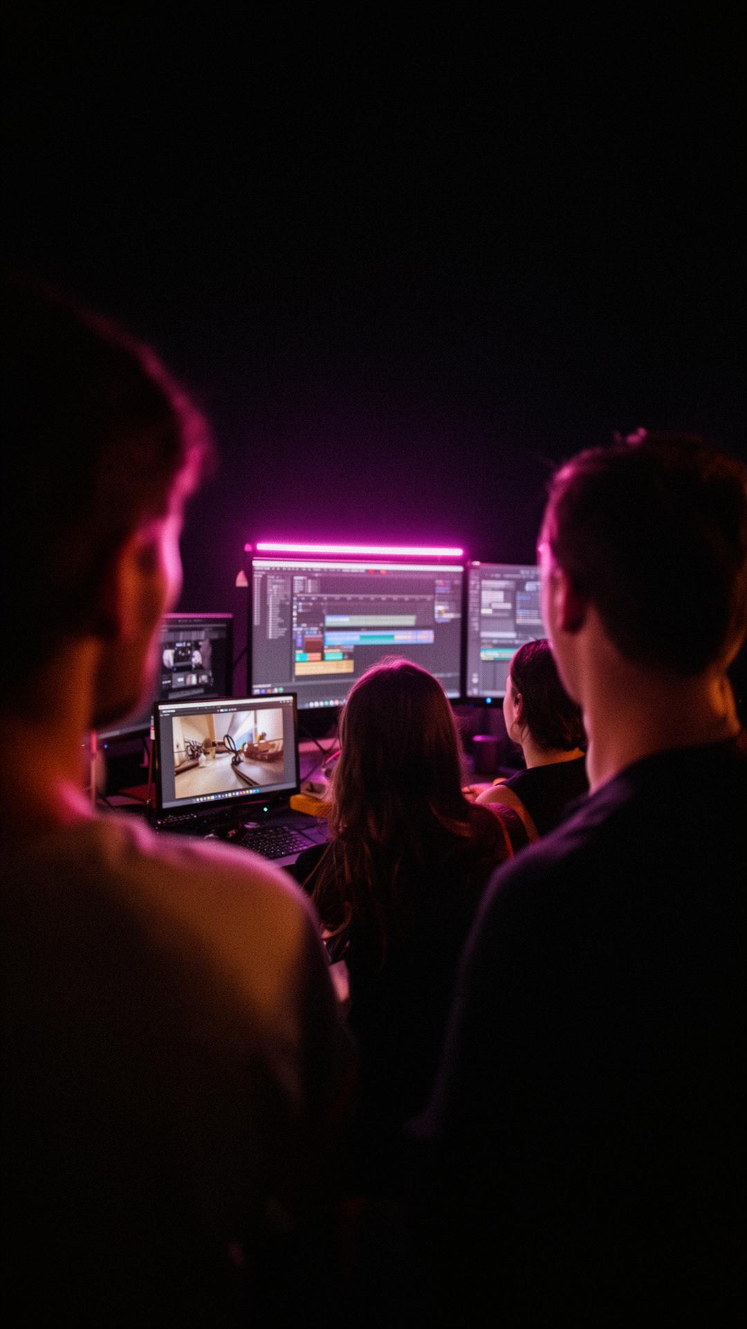 Boundless team collaborating in the studio under warm rim light