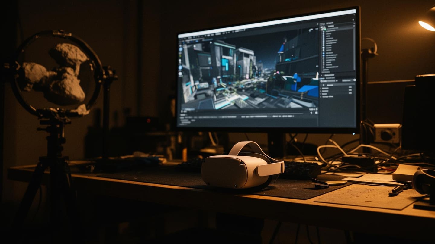 The Boundless studio at night, workshop bench with a VR headset and a CGI environment mid-build on the monitor behind.