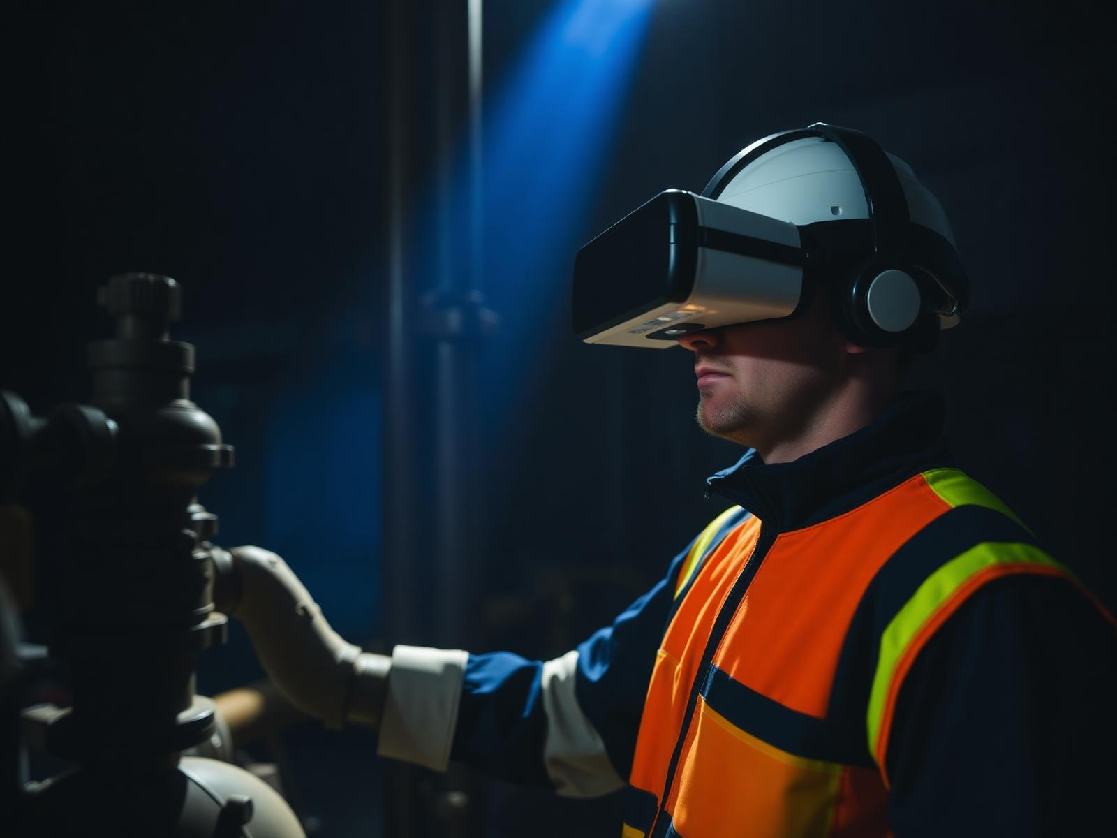 Worker in a VR headset rehearsing an emergency shutdown procedure