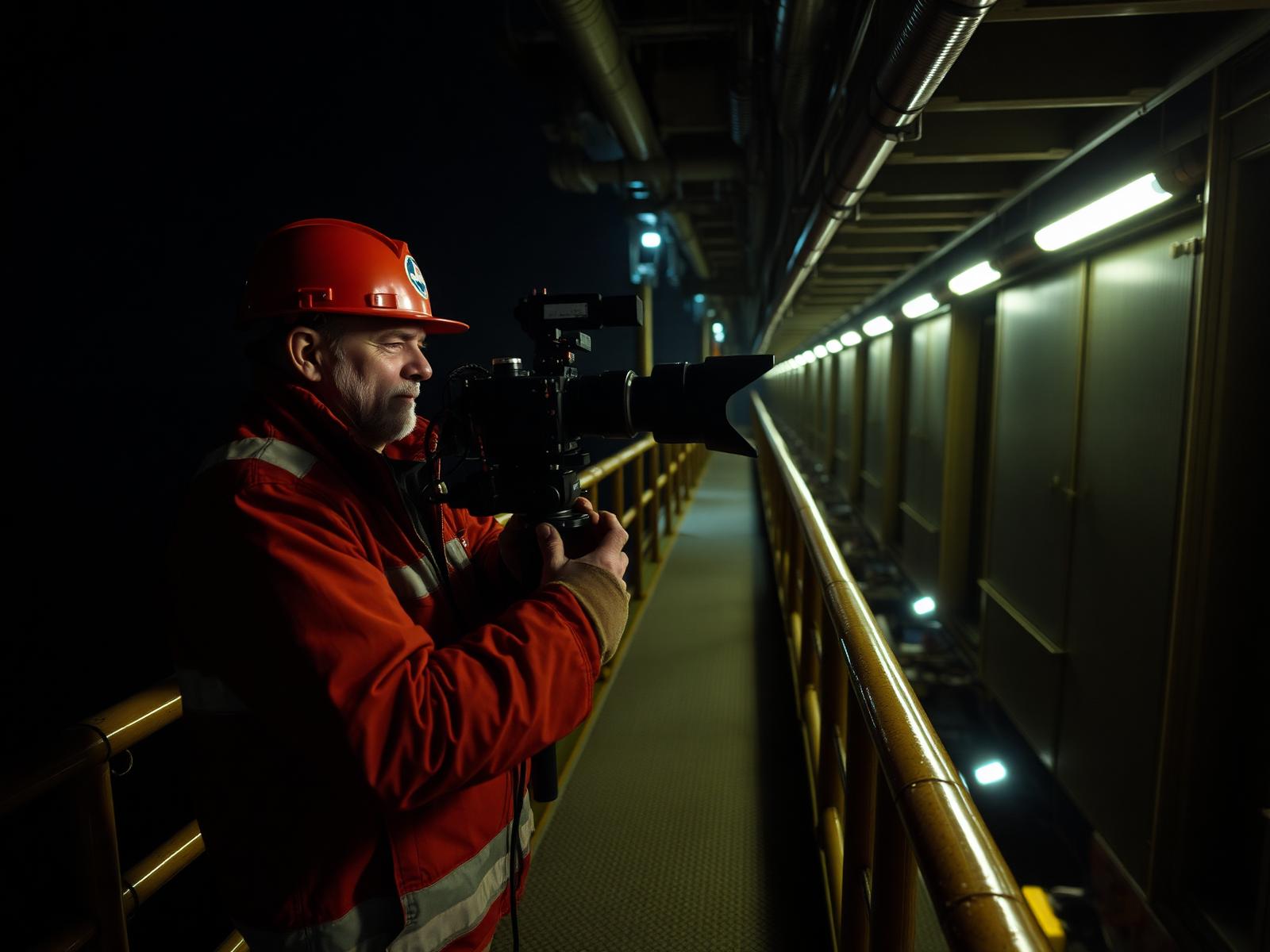Expert energy engineer being captured on 360 video on a rig walkway