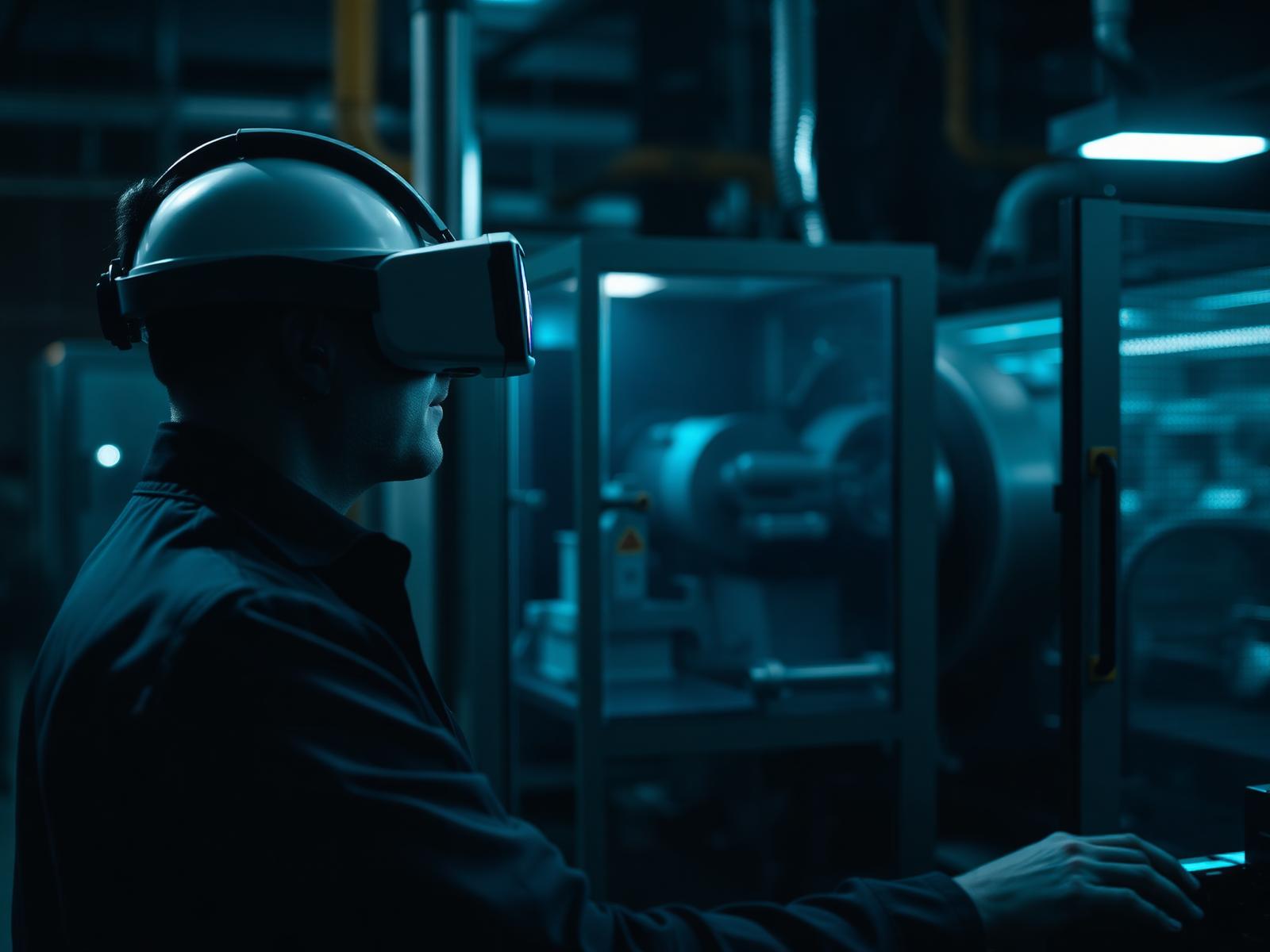 Operator in a VR headset practising machine operation