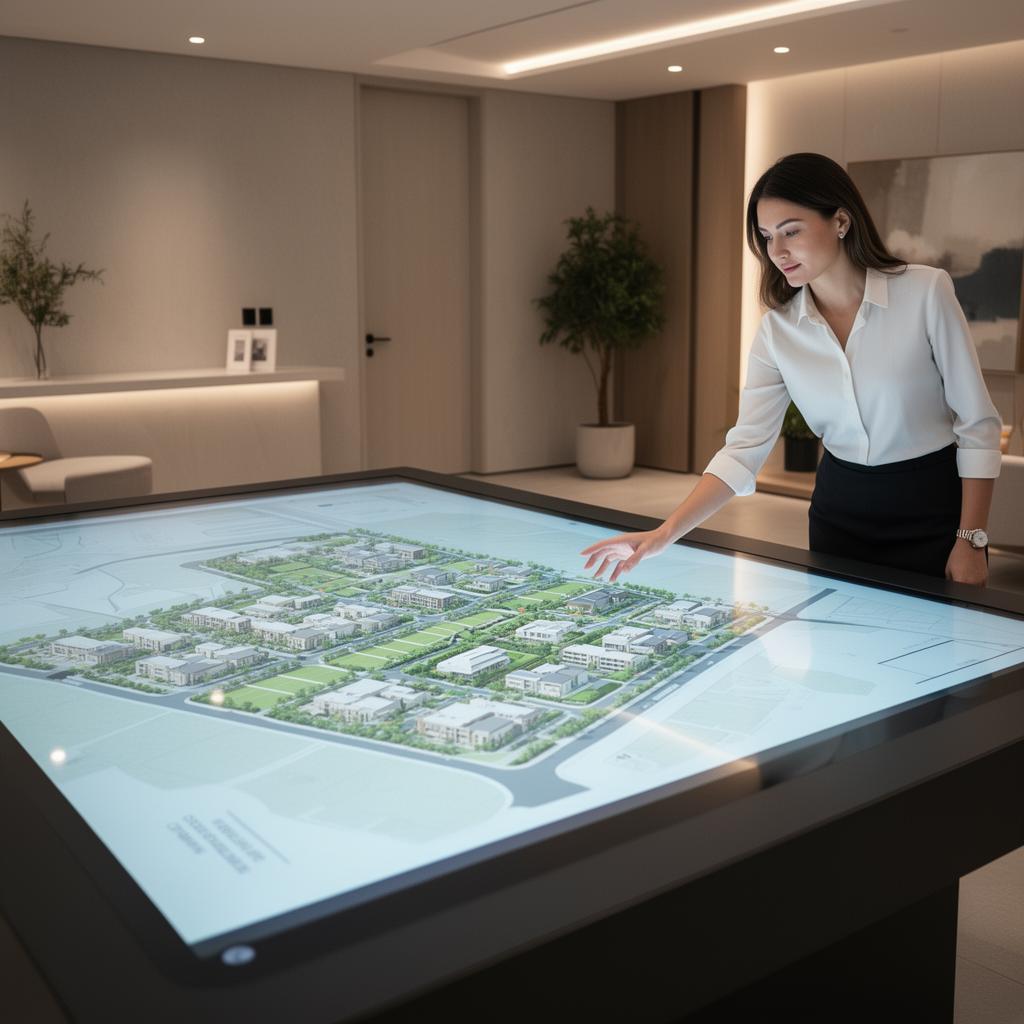 Touch table running an interactive 3D masterplan in a property marketing suite.