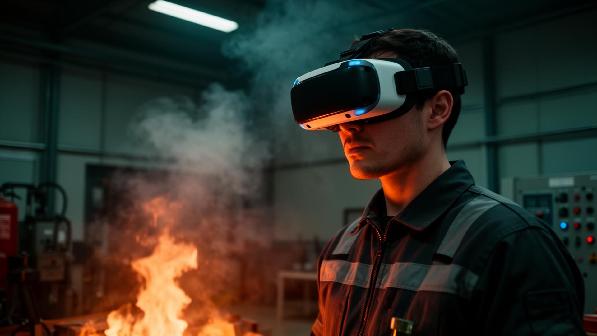 Trainee using a VR fire extinguisher