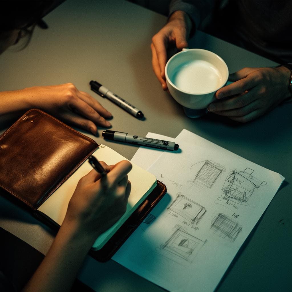 Overhead detail, hands writing in a notebook beside a coffee cup, sketches on the page.